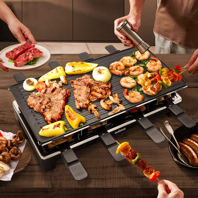 Cusimax Raclette Grill mit Reversible Grillpfanne, Steuerung Partygrill für 8 Personen,Stufenlos Regulierbare Temperatur, 8 Mini Pfännchen, Antihaftbeschichtung, CMRC-300, 1500W, Schwar