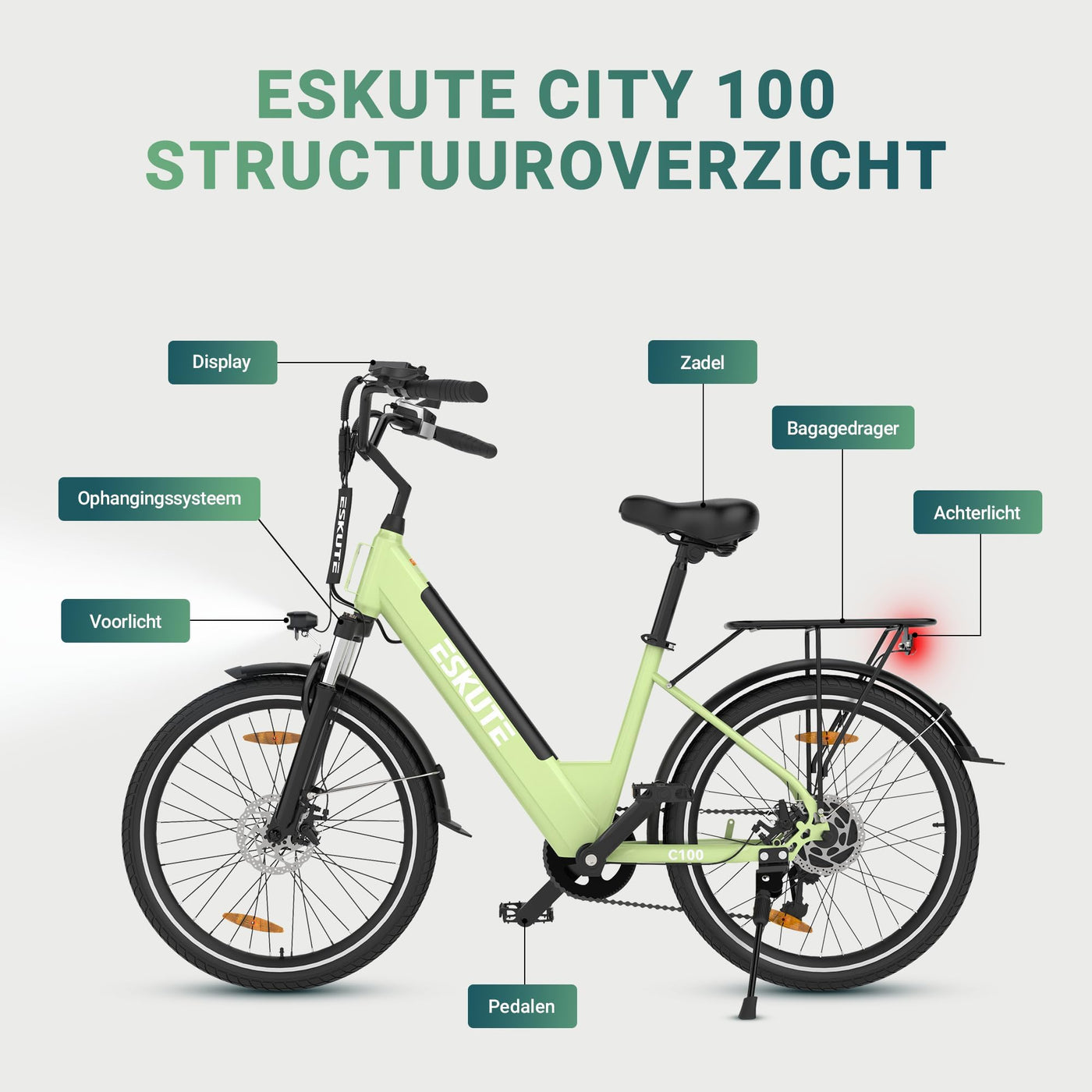 ESKUTE C100 E-Bike, 26 Zoll Elektrofahrrad, E-Cityrad 250W HeckMotor, 375Wh Wechselakku,bis zu 60km, LCD-Display, Tiefeinsteiger E-CityBike Für Damen und Herren Erwachsene Grün