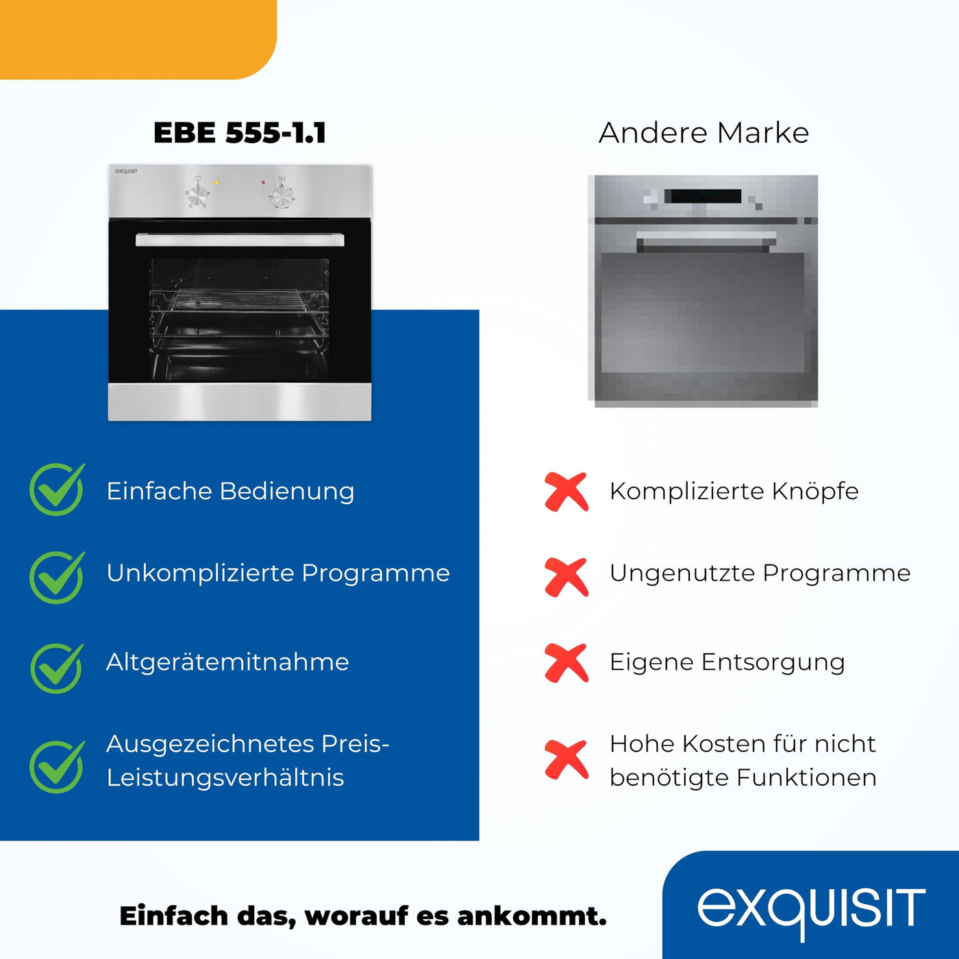 Exquisit Einbaubackofen, Backofen Einbaugerät Silber, 62 L Garraum, Einfache Bedienung, Backofen klein, EBE 555-1.1