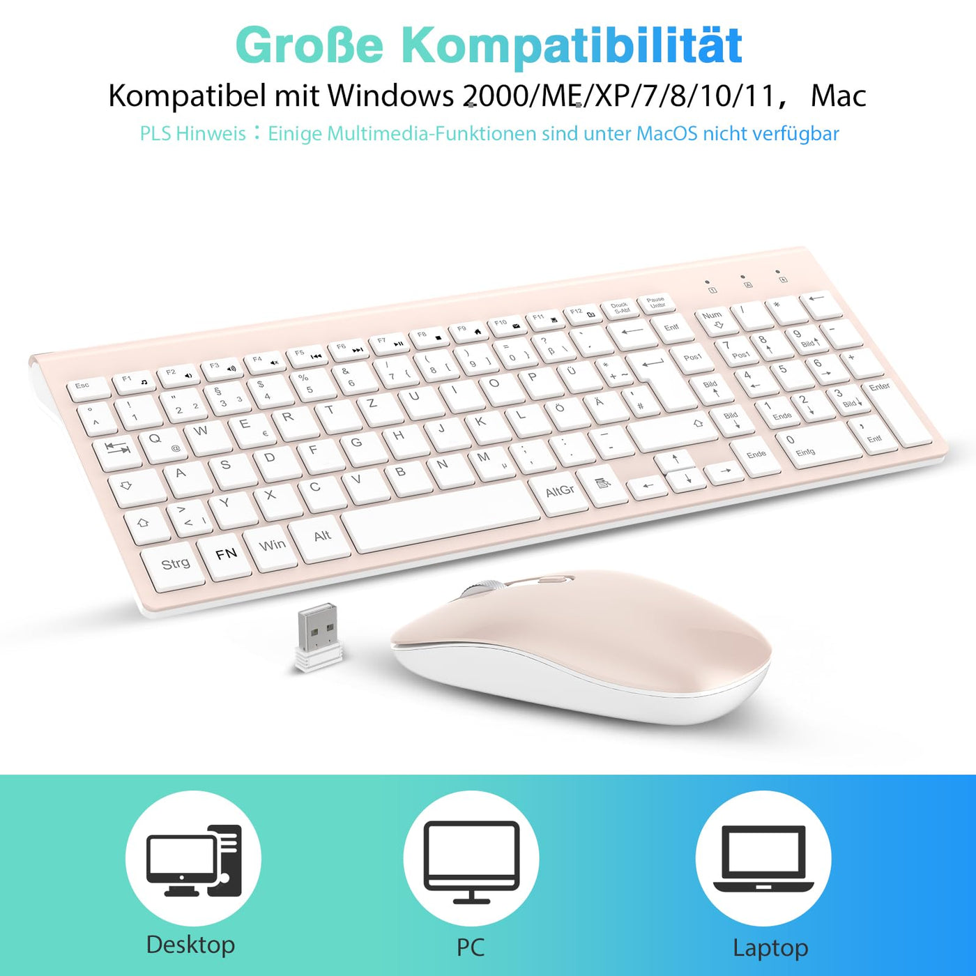 cimetech Tastatur Maus Set Kabellos, 2.4G Ultraslim Kabellose Tastatur mit Funkmaus, QWERTZ Deutsches Layout, 10m Reichweite, für PC, Desktop, Notebook, Laptop, Windows, (Rosenquarz)