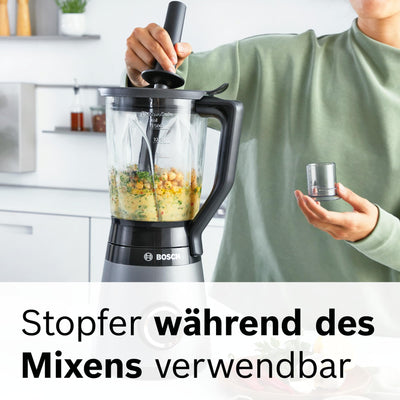 Bosch Standmixer VitaPower Serie 4 MMB6172SN, verbesserte Version, 10 Jahre Motorgarantie, Edelstahl-Klingen, 1,5l Glasbehälter, spülmaschinenfeste Teile, 30,000 U/min, 1200 W, silber