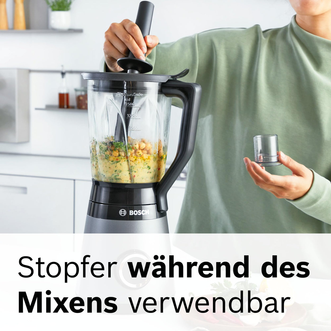 Bosch Standmixer VitaPower Serie 4 MMB6174SN, verbesserte Version, hochwertige Edelstahl-Klingen, 1,5l Glasbehälter, 0,6l To-Go-Flasche, spülmaschinenfeste Teile, 30.000 U/min, 1200 W, silber