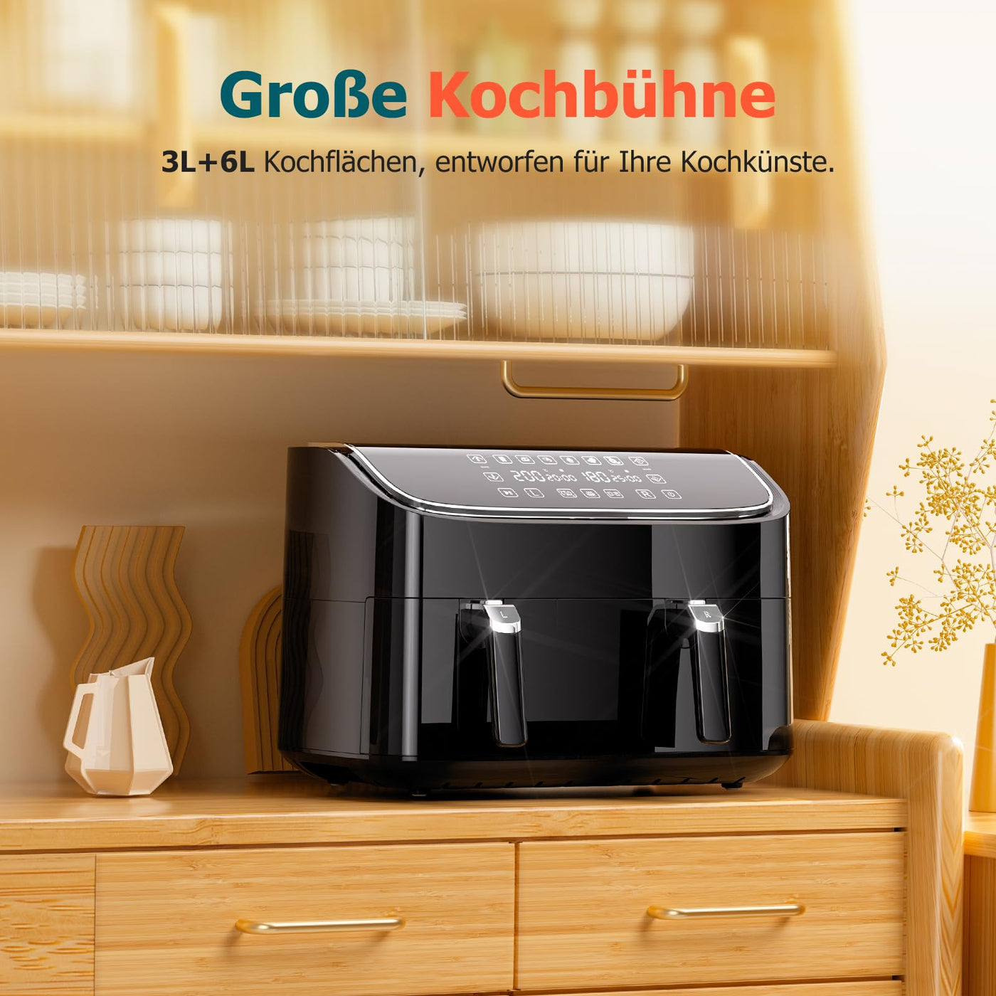 Dual Zone Heißluftfritteuse 2 kammern, Air fryer 9L Separate Antihaftbeschichtung, Airfryer 3L & 6L mit Sync-Finish Funktion, 6-in-1 Kochvorgaben, Touchscreen, Timer-Funktion, Gesunde Friteuse ohne Öl