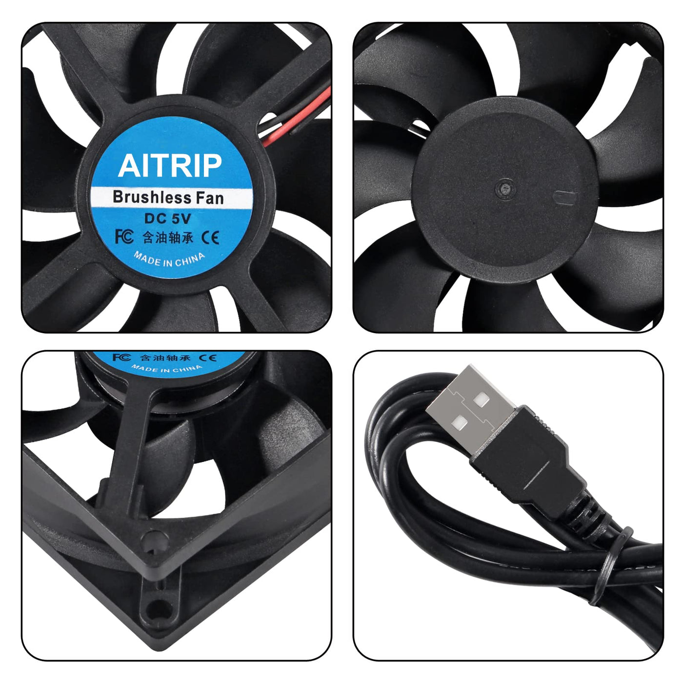 AITRIP 80mm 5V 8025 80x25mm bürstenloser USB Lüfter für Kühlung, PC Gehäuse, 3D Drucker, CPU Kühler, 2 Stück