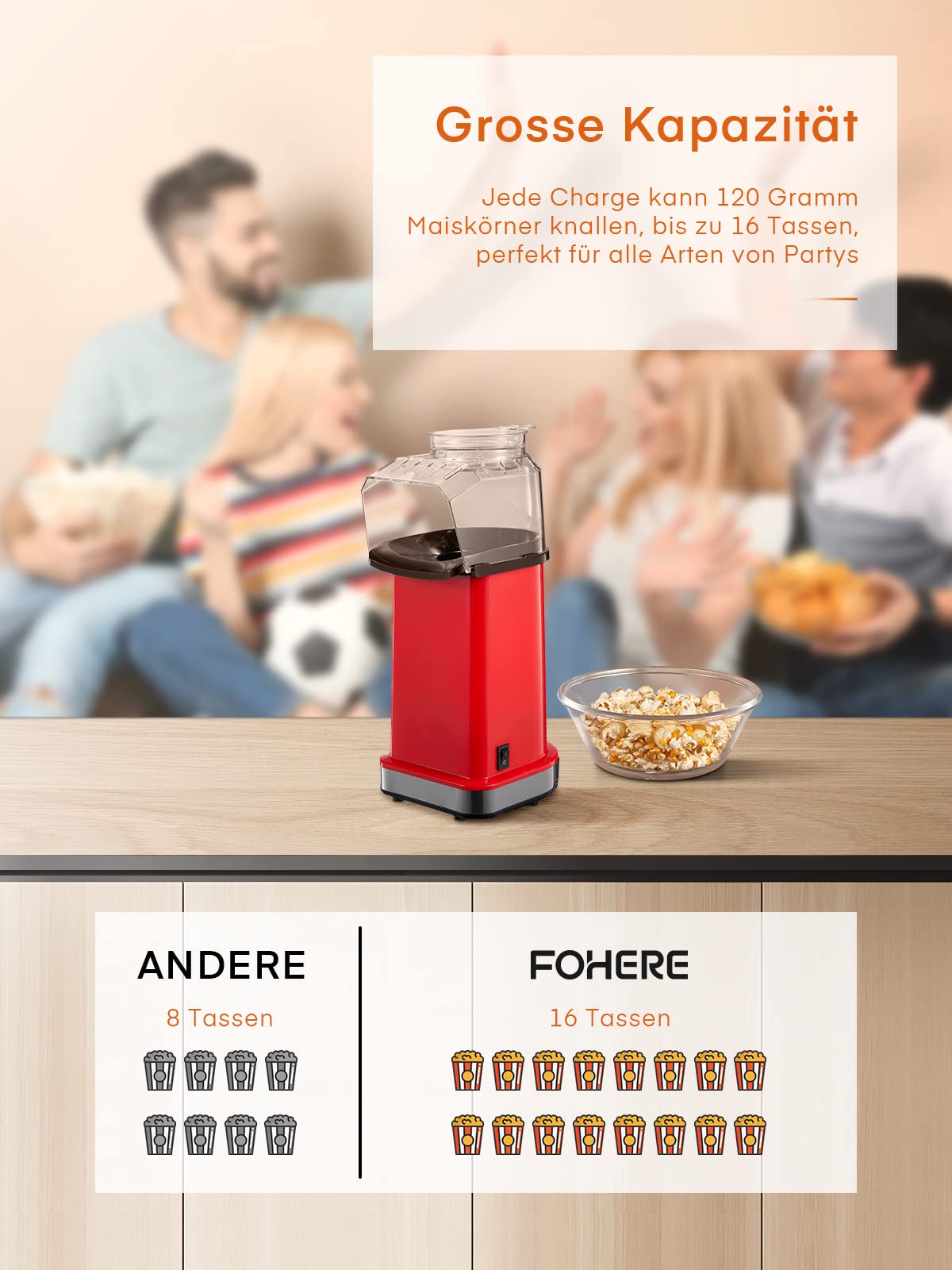 FOHERE® Popcornmaschine-1400W Süßes Popcorn Maker-Pops In 2 Minuten-17 Tassen-Für 4-6 Personen-Aluminium-Antihaft-Innentopf-öLfreier-Fettarmer Snack-Hausgemacht-Einzigartiges Design