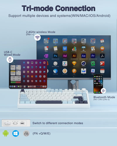 AULA F75 Mechanische Tastatur Gaming,2.4G/Type-C/BT5.0 75% Prozent Tastatur mit Multifunktionsknopf,Struktur der Dichtung Gaming Tastatur Kabellos,Hot Swap Wireless RGB Tastatur,QWERTY (Gletscherblau)