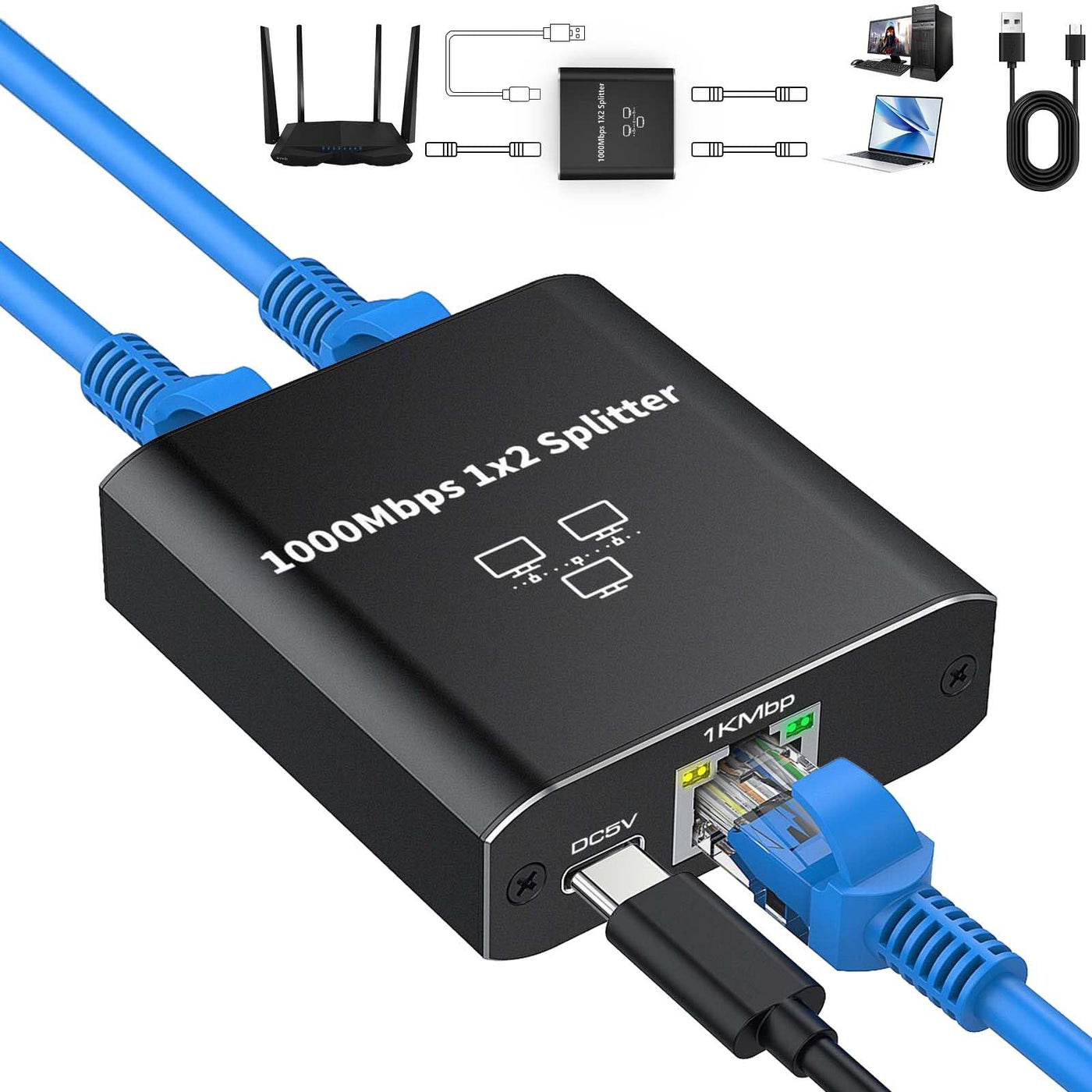 AXFEE Lan Splitter 1 auf 2 1000Mbps, Gigabit Ethernet Splitter 1 in 2 Out, Lan Switch 2 Port, RJ45 LAN Verteiler Netzwerk Verlängerungen Stecker für Computer, Router, Set-Top Box (mit Typ-C Netzkabel)