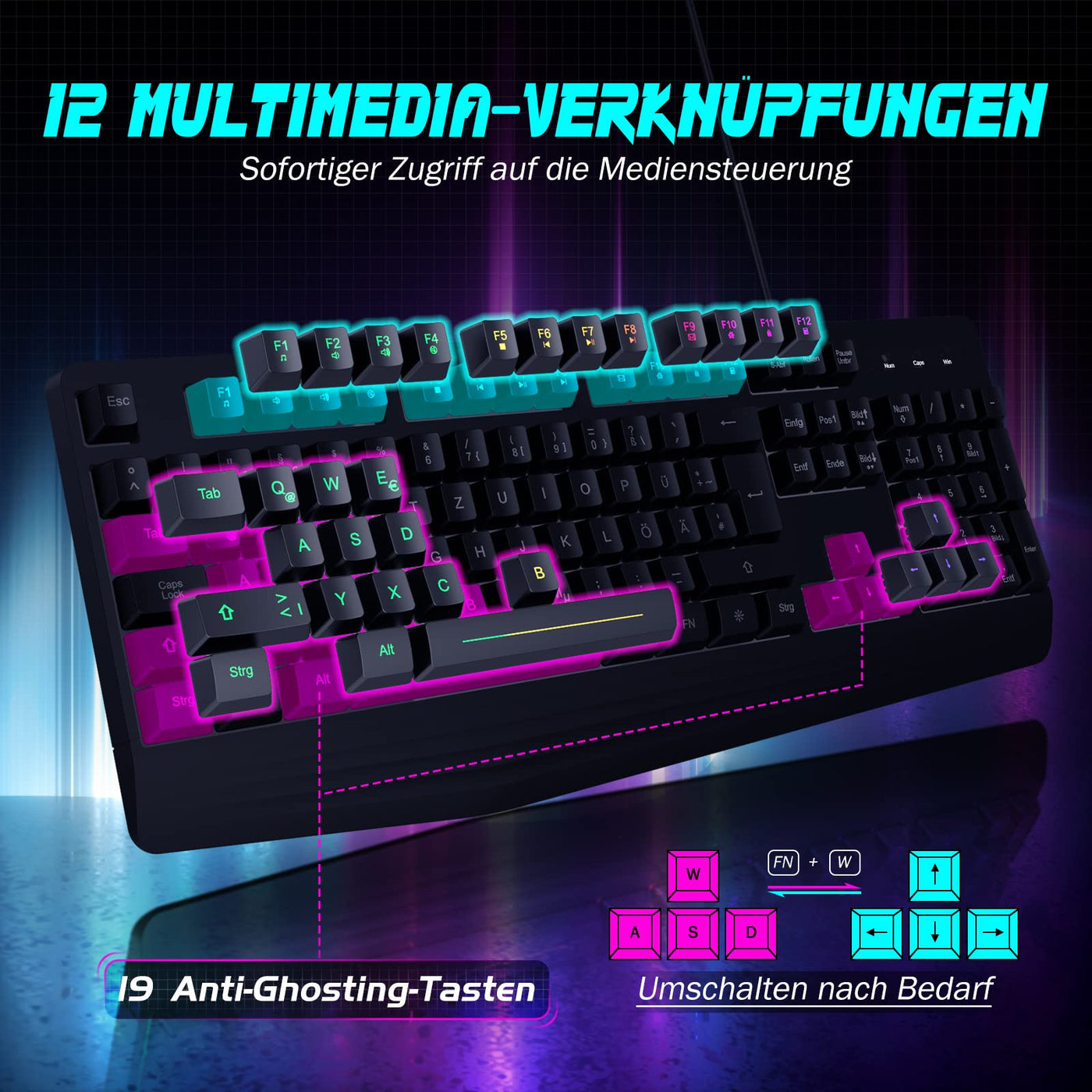 Gaming Tastatur PC, PS4 Tastatur USB, Regenbogen Beleuchtete Tastatur LED, Langlebig, Ergonomisch, Wasserdicht, Leise Tasten, Gaming Keyboard ideal für PC Mac Xbox PS4 Gamer|Büro（Deutsches Layout）