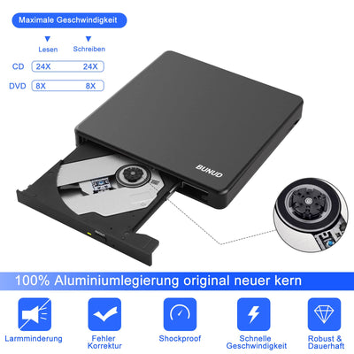 BUNUD Externe CD/DVD Laufwerk mit 2 USB & SD/TF Slots USB 3.0 & Type-C CD DVD Brenner, Optical DVD-Laufwerke Extern für Laptop PC Windows 11 10 Mac MacBook Pro/Air iMac