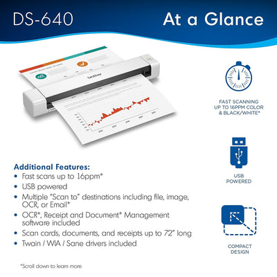 Brother DS-640 Kompakter mobiler Dokumentenscanner (Modell: DS640), 3,8 x 5,1 x 30,2 cm