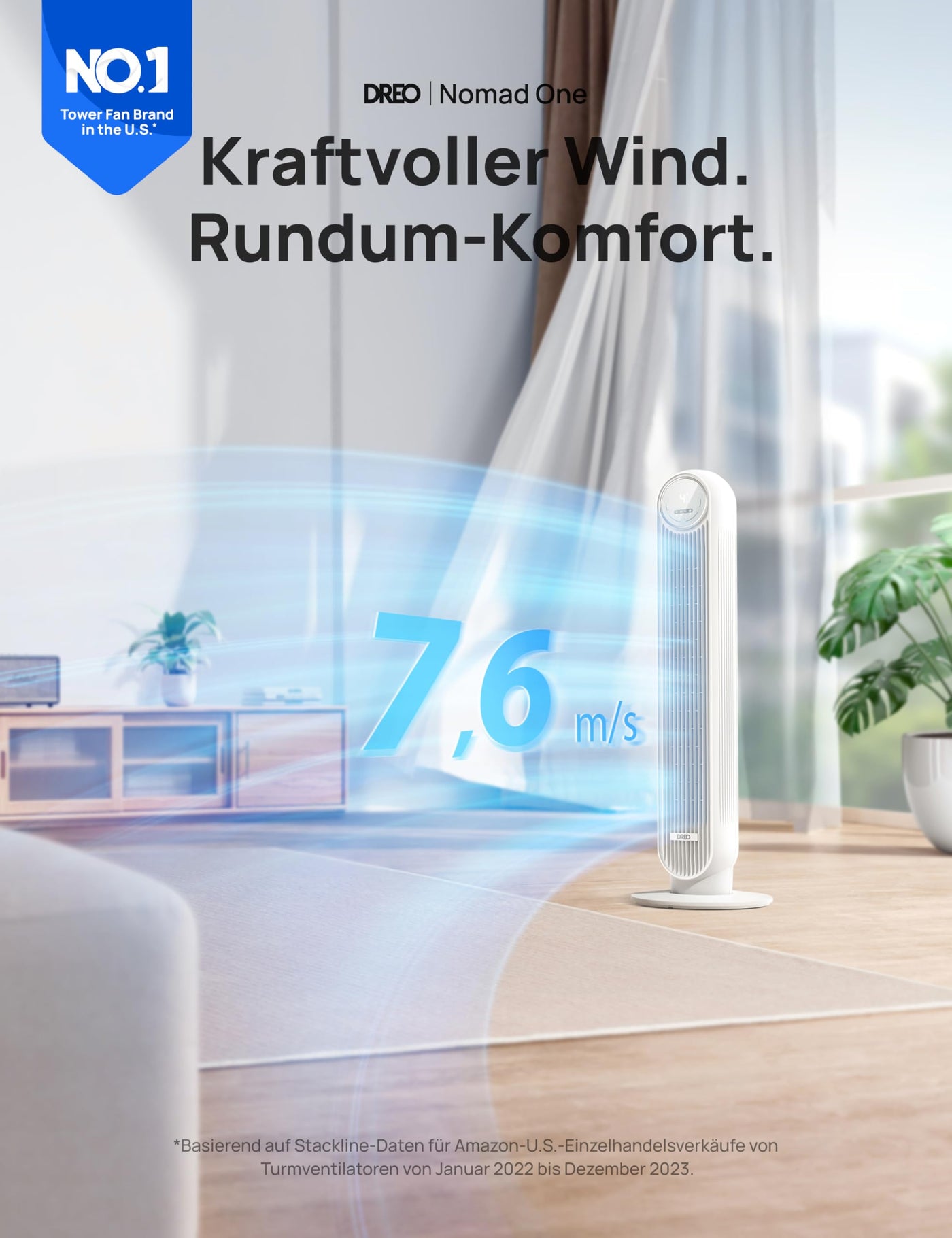 Dreo 28dB Leiser Turmventilator, 7,3m/s Geschwindigkeit 4 Geschwindigstufen 4 Modi 8 Std. Timer 90° oszillierende Ventilatoren mit Kühlung Fernbedienung für Schlafzimmer, Nomad One,Weiß