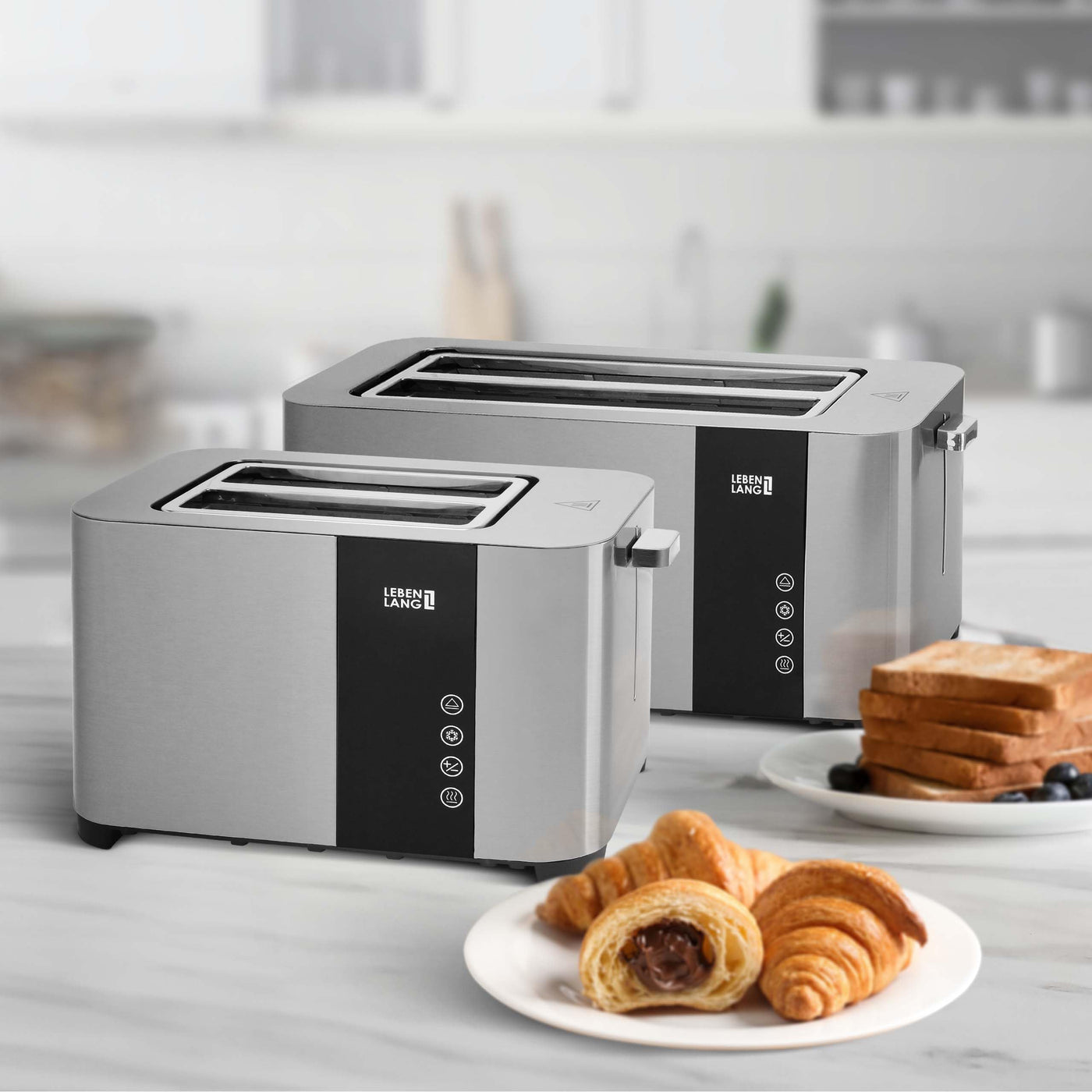 LEBENLANG Langschlitz Toaster 4 Scheiben mit Brötchenaufsatz - Touchscreen LED Display & 7 Stufen I 1400W 4er Langschlitztoaster Edelstahl Gebürstet I Smart Touch Toster für große Toastscheiben xxl