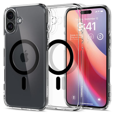 Spigen für iPhone 16 Plus Hülle [Anti-Yellowing] Ultra Hybrid MagFit Case Handyhülle Transparent Dünn Slim Kompatibel mit MagSafe -Schwarz