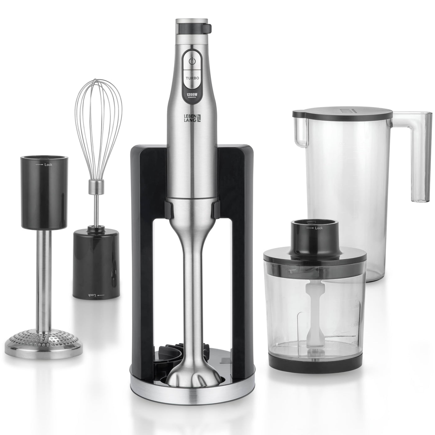 LEBENLANG Premium 1200W Stabmixer Set - Inkl. 5x Zubehör & Spritzschutz I Stufenlos verstellbar & Turbo I Elektrische Hand Blender Pürierstab Edelstahl Zauberstab Mixer Mixstab Purierstabmixer Stab