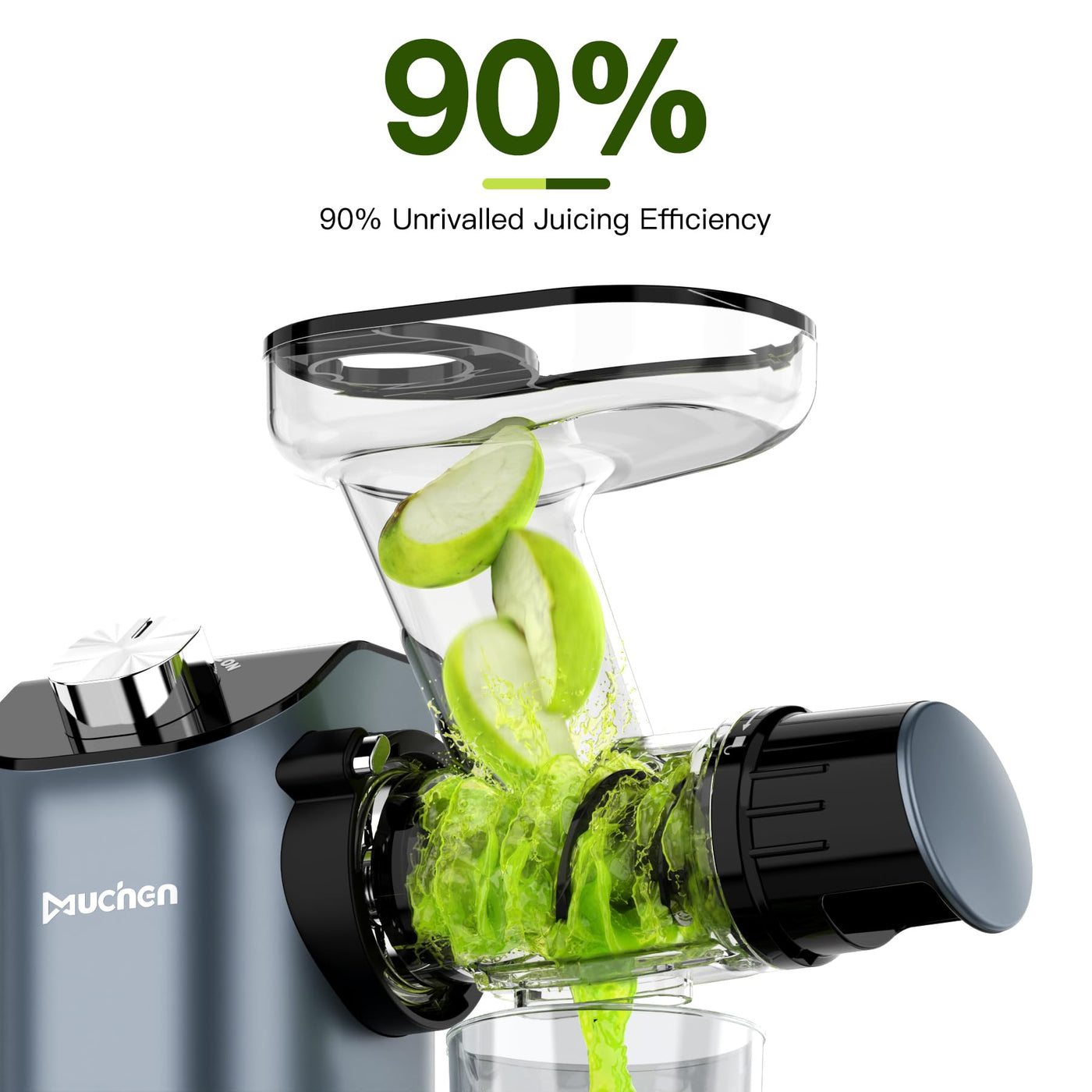 Extracteur de jus à rotation lente Muchen, vainqueur du test de jus de fruits et légumes, moteur silencieux de 150 W, hachage inversé, nettoyage facile, design en acier inoxydable en noir et argent, livre de recettes inclus