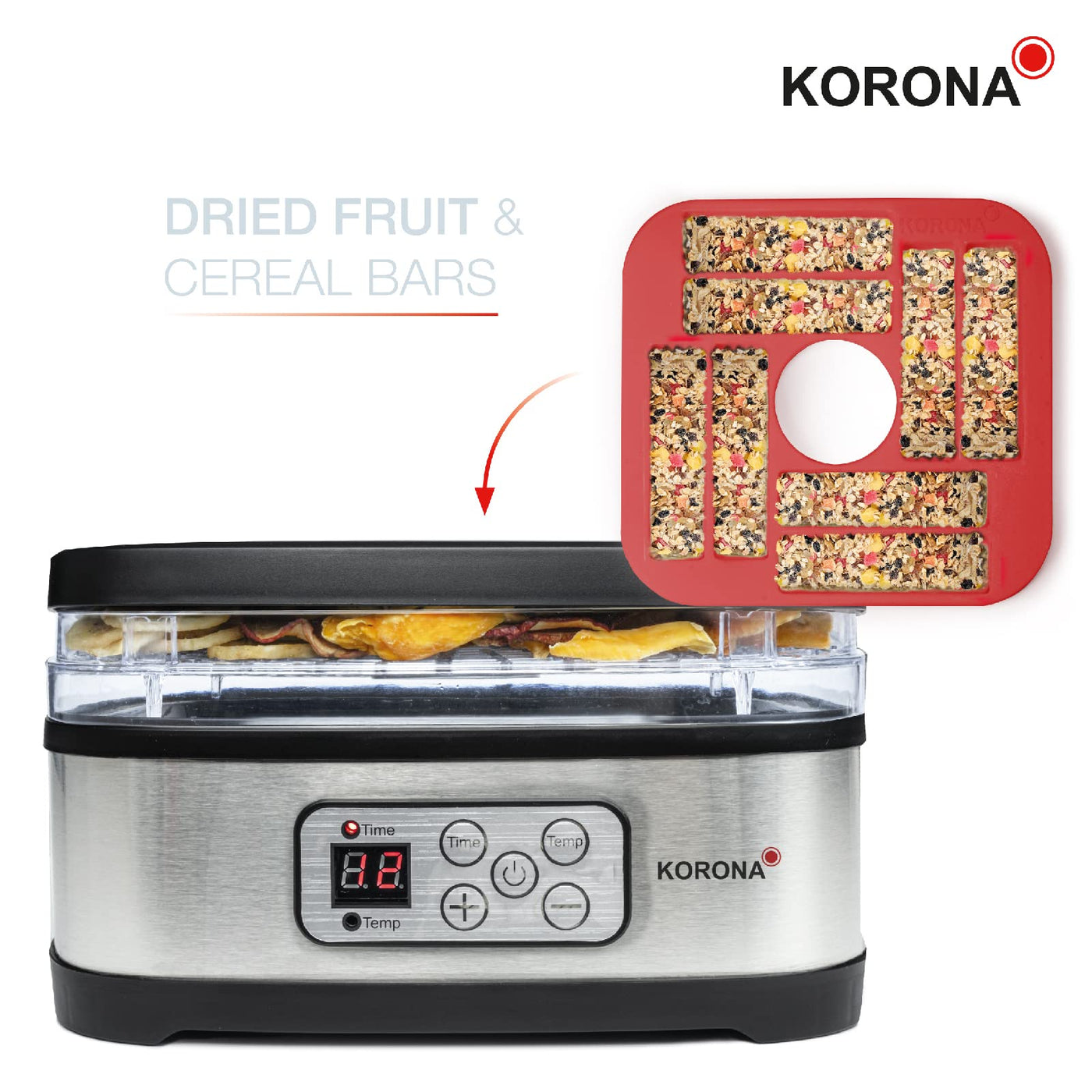 Korona 57011 Dörrautomat mit Müsliriegelform | 5 Ebenen | Trocknet Früchte, Fleisch, Fisch, Kräuter | Timer 8-72 Std. | Silikonform für Müsliriegel | BPA-frei | LED-Display