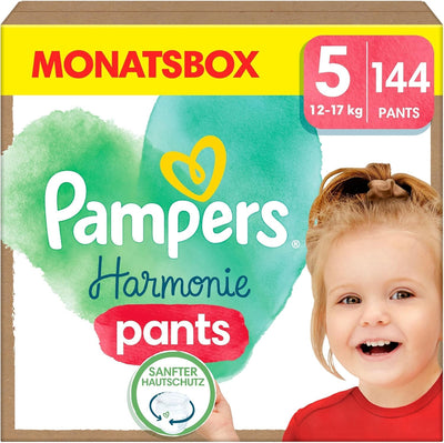 Pampers Harmonie Windeln Pants Baby, Größe 5 (12kg-17kg), Monatsbox, sanfter Hautschutz und pflanzenbasierte Inhaltsstoffe, 144 Höschenwindeln