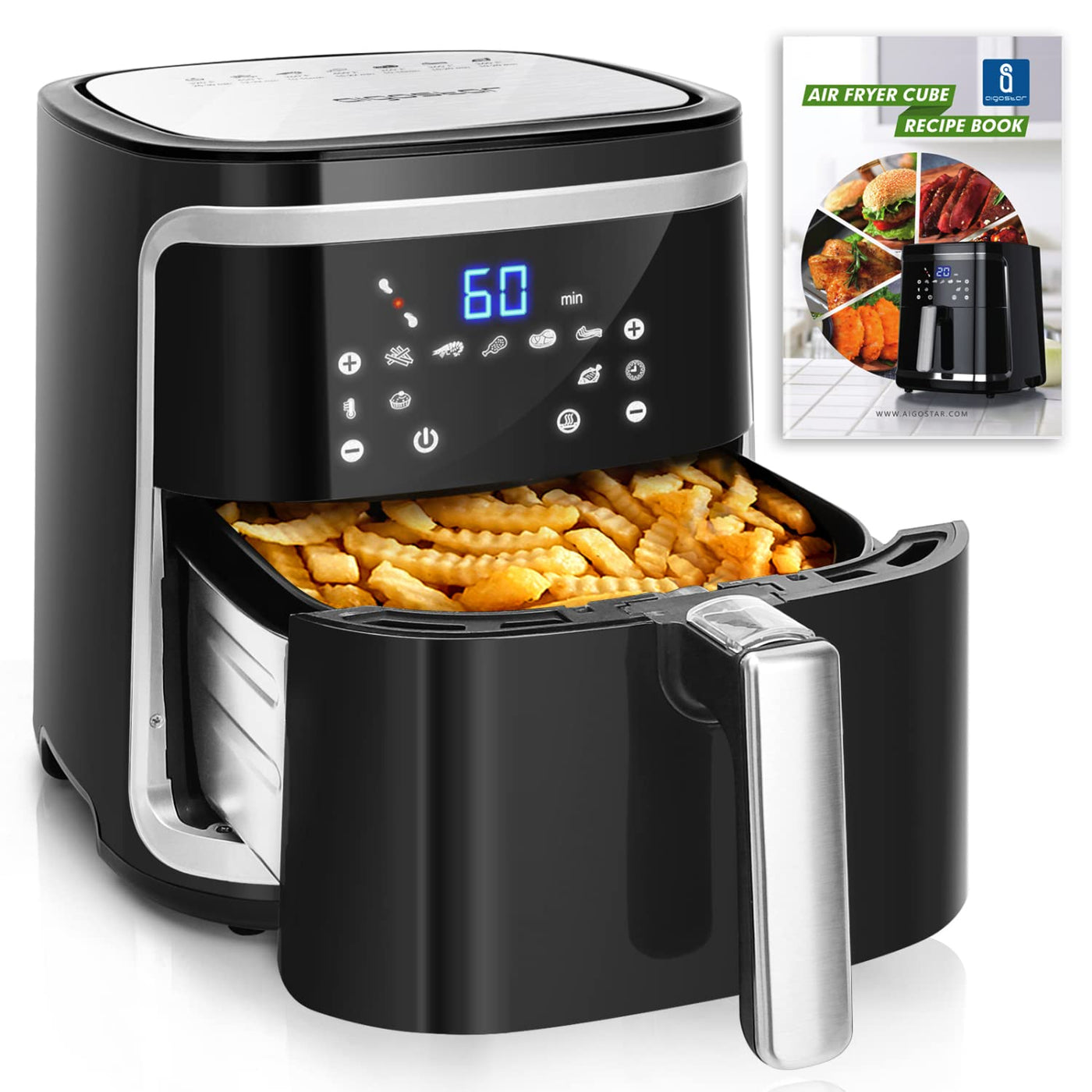 Aigostar Cube - Heißluftfritteuse 7L XXL, Airfryer 1900W, 7 Programmen, Warmhalten, 20 Rezepte, ohne Öl, für 6-10 Personen, Air Fryer mit Digitalem LED-Touchscreen, Schwarz