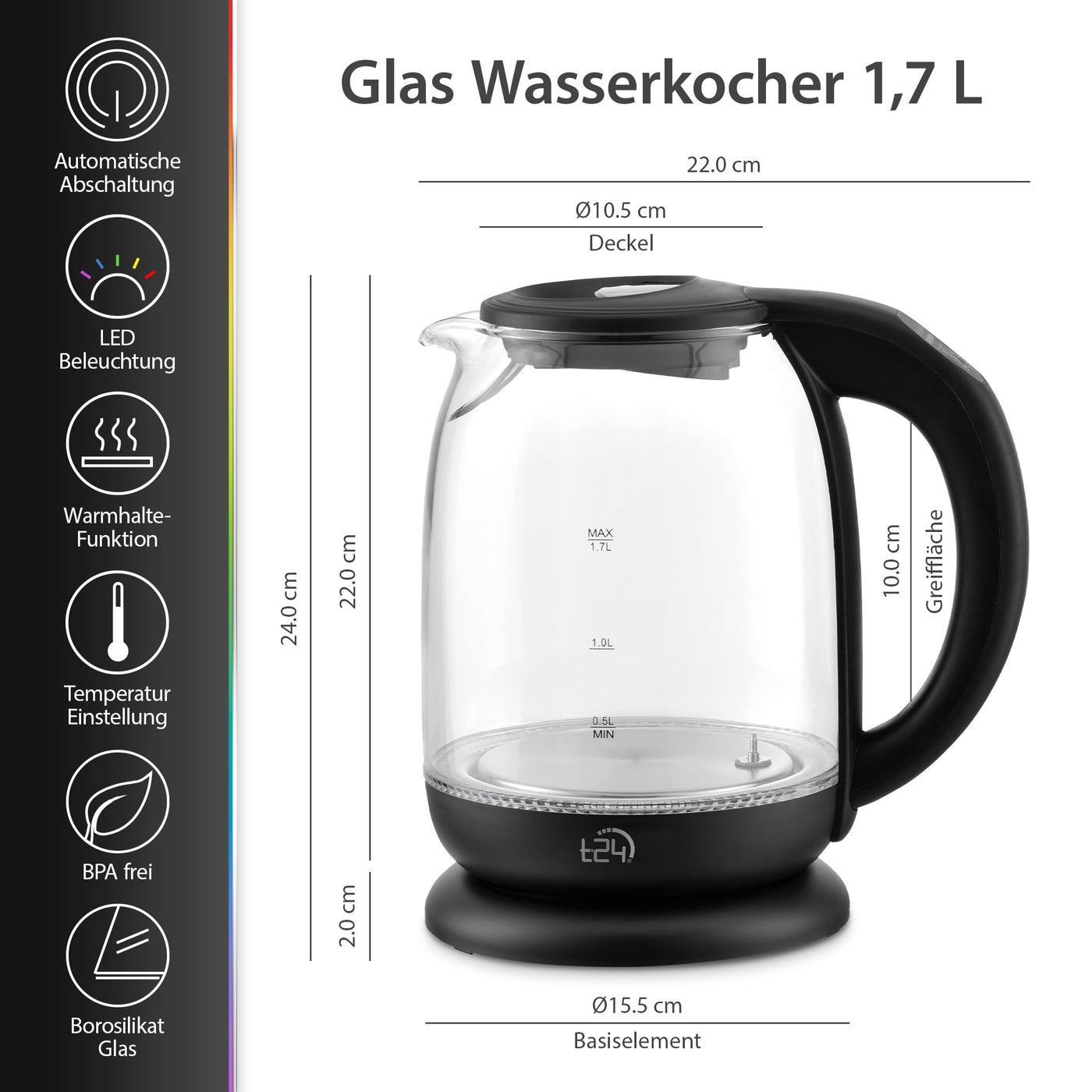 T24 Wasserkocher Glas 1,7 L, Wasserkocher mit Temperatureinstellung 60, 70, 80, 90, 100 °C, Wasserkocher 2.200W, Wasserkocher Schwarz mit LED Beleuchtung