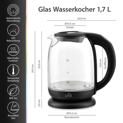 T24 Wasserkocher Glas 1,7 L, Wasserkocher mit Temperatureinstellung 60, 70, 80, 90, 100 °C, Wasserkocher 2.200W, Wasserkocher Schwarz mit LED Beleuchtung