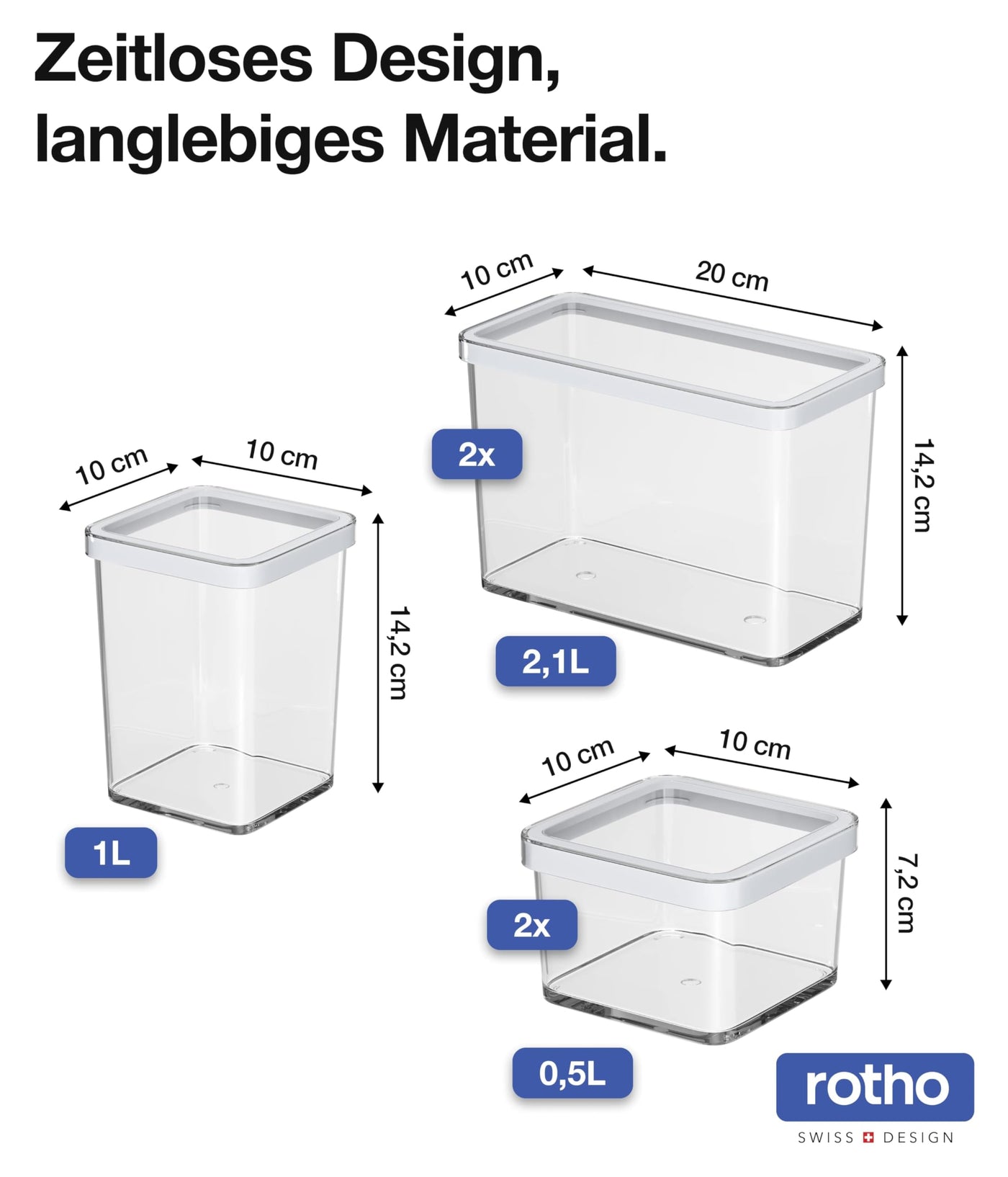 Rotho Loft 5er-Set Vorratsdosen mit Deckel verschiedene Größen, lebensmittelechter Kunststoff (PP) BPA-frei, 2 x 2.1l, 1 x 1.0l, 2 x 0.5l (30.0 x 21.0 x 15.0 cm) (transparent/weiss)