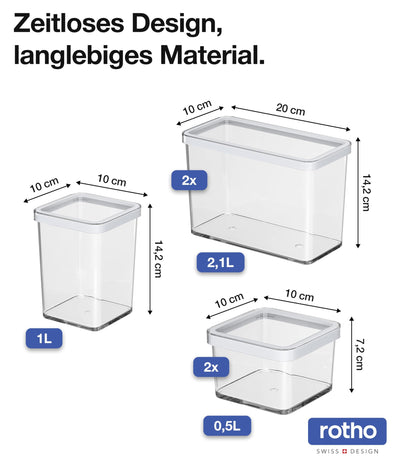 Rotho Loft 5er-Set Vorratsdosen mit Deckel verschiedene Größen, lebensmittelechter Kunststoff (PP) BPA-frei, 2 x 2.1l, 1 x 1.0l, 2 x 0.5l (30.0 x 21.0 x 15.0 cm) (transparent/weiss)