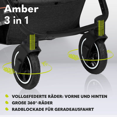 LIONELO Amber Kinderwagen 3 in 1 Kombikinderwagen Set sportlicher Sitz fester Babywanne Autositz Tasche Moskitonetz Regenschutz XXL-Dach mit Sonnenschutz (GRAU GRAFIT)