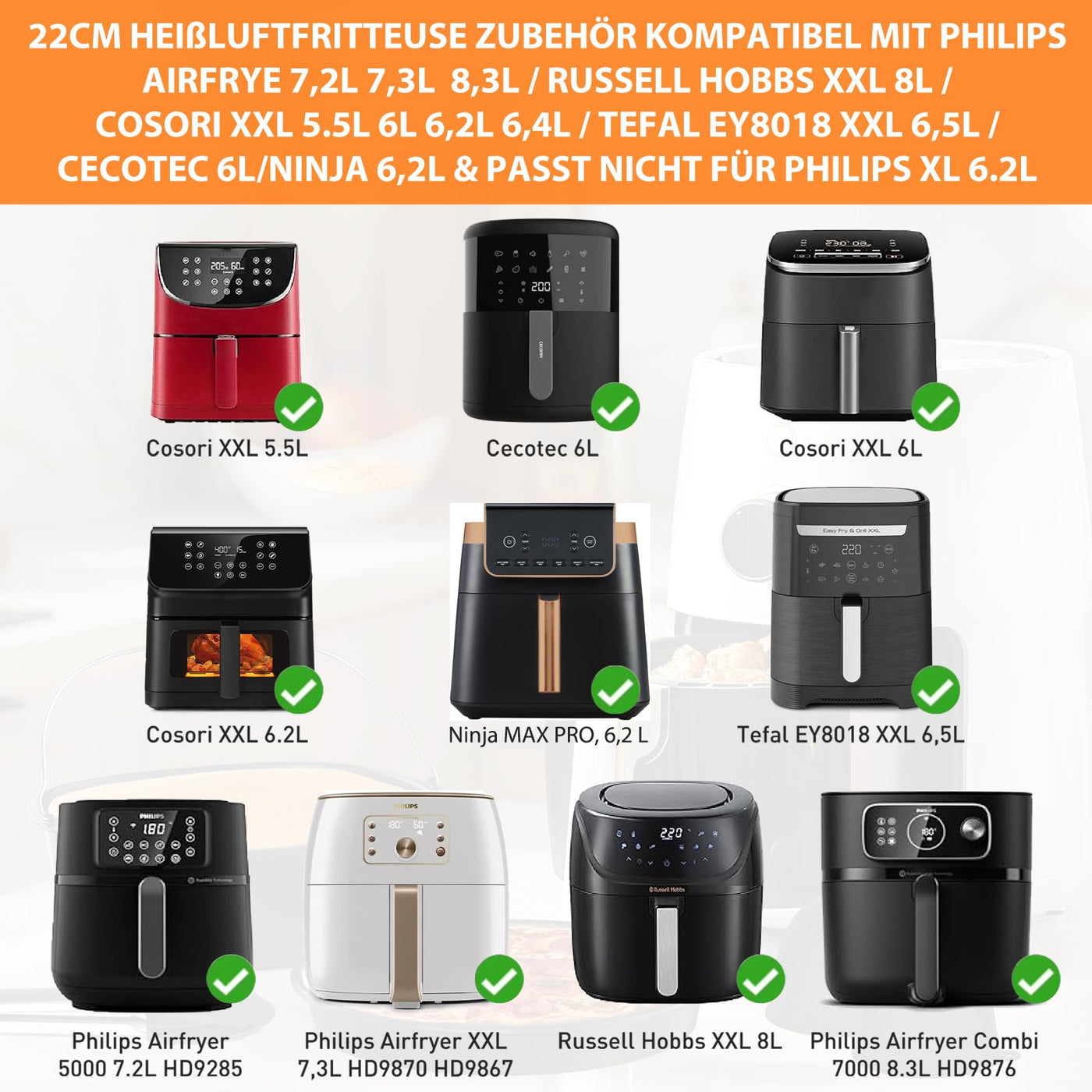 11-teiliges für Philips 5000 Serie Airfryer Zubehör XXL 7,2L 8,3L,BPA-frei Heißluftfritteuse Zubehör für COSORI Turboblaze XXL 5,5L 6L 6,4L,Russell Hobbs XXL 8L,Tefal XXL 6,5L,Cecotec 6L,Ninja 6,2L