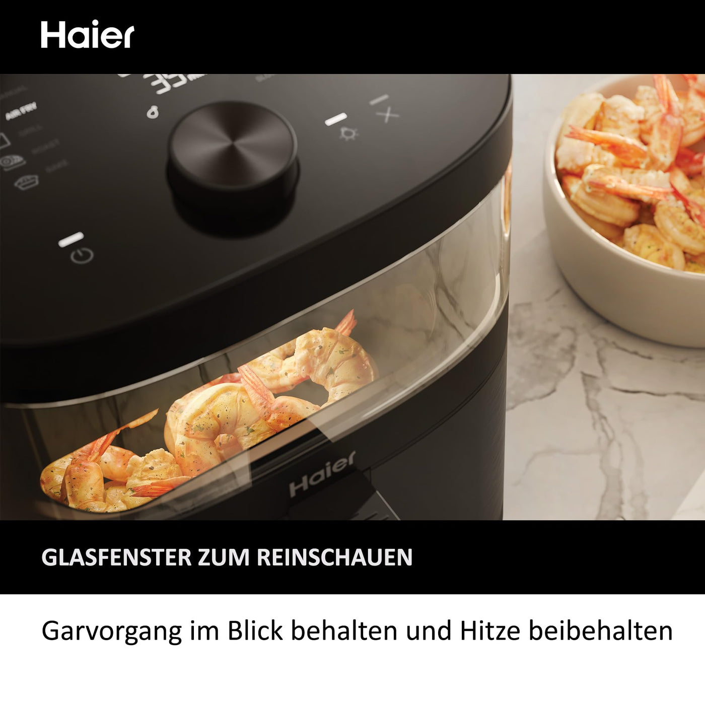 Haier Heißluftfritteuse mit Glasfenster I Airfryer mit 9 Programmen & 7 Liter Fassungsvermögen I 1700W Fryer mit LED Display I Fritteuse Heißluft ohne Fett I spülmaschinenfest [Serie 5 - HAF5TWA]