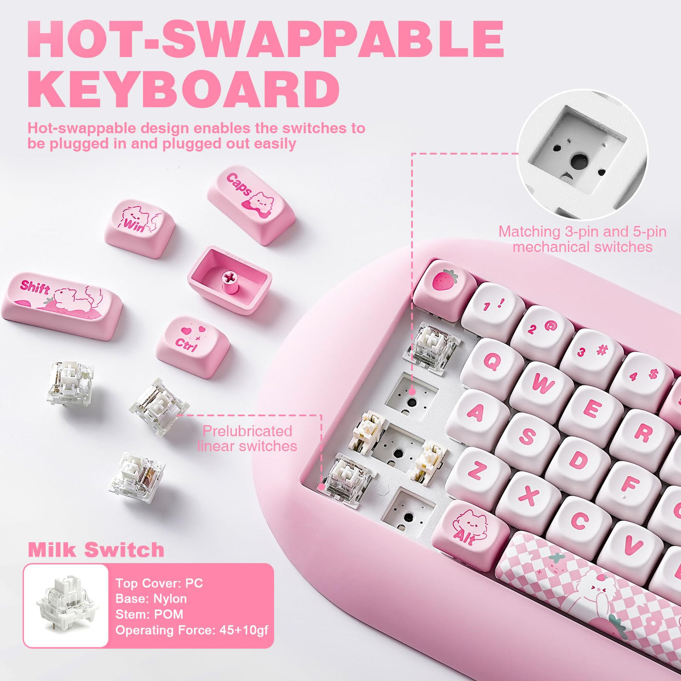 YUNZII C68 Drahtlose Mechanische Tastatur,65% Gaming Tastatur Hot Swap,Triple Mode BT5.0/2.4G/Wired Tastatur,RGB Backlit NKRO,Katze Silikon Ergonomie Tastatur Win/Mac(Milchschalter,Pink Cat)