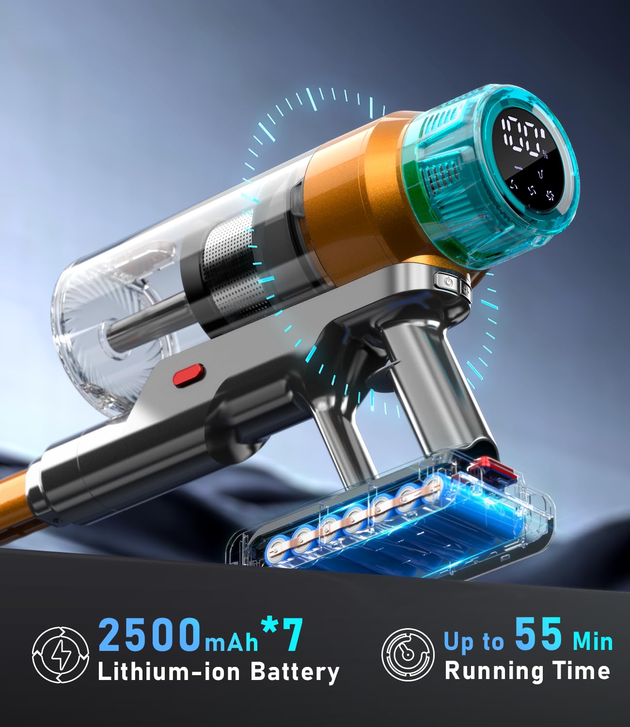 55000Pa/600W Akku Staubsauger Kabellos 55Mins Laufzeit, Wandmontierte Ladestation, Akkustaubsauger Cordless Vacuum Cleaner mit Smart Display Anti-Verhedderung-Bürste für Teppich Hartboden Tierhaare