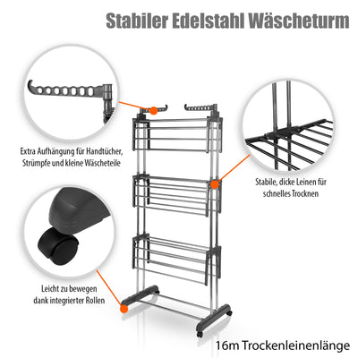 BigDean Wäscheständer Turm 16m Trockenlänge mit 3 Ebenen und 4 Rollen in Grau - Wäscheständer platzsparend für innen & außen