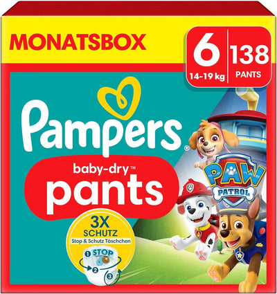 Pampers Windeln Paw Patrol Pants Größe 6 (14-19kg) Baby-Dry, Extra Large mit Stop- und Schutz Täschchen, MONATSBOX, 138 Höschenwindeln