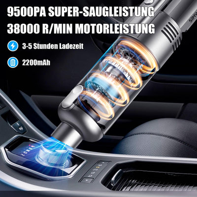 SIMWAL Auto Handstaubsauger Akku Kabellos - 9500PA stark tragbar Mini Staubsauger - 30Min Laufzeit USB aufladbar Autostaubsauger mit Waschbar HEPA Filter LED Beleuchtung für Haus, Küche, Büro