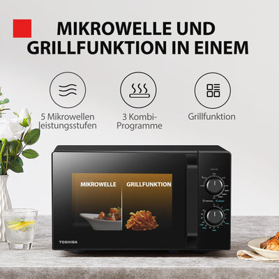 Toshiba MW2-MG20PF(BK)/GE Mikrowellenherd 800 W mit knuspriger Grill- & Kombigarfunktion, 5 Leistungsstufen, 1000 W Grillleistung, Schwarz