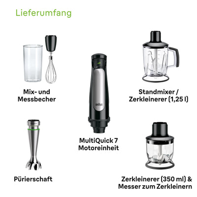 Braun MultiQuick 7 MQ 7045X Stabmixer - Pürierstab mit abnehmbarem Edelstahl Mixfuß mit ActiveBlade Technologie zum Pürieren der härtesten Zutaten, inkl. 4-teiliges Zubehör Set, 1000 Watt, Schwarz