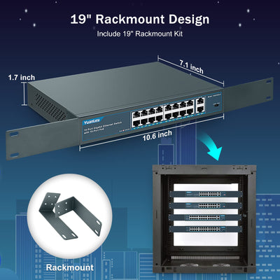 YuanLey 18 Port Gigabit PoE Switch, 16 PoE+ Port 1000 Mbps, 2 Gigabit Uplink, 250W 802.3af/at, Metal Desktop/Rackmount, Nicht verwalteter Plug and Play Netzwerk Switch