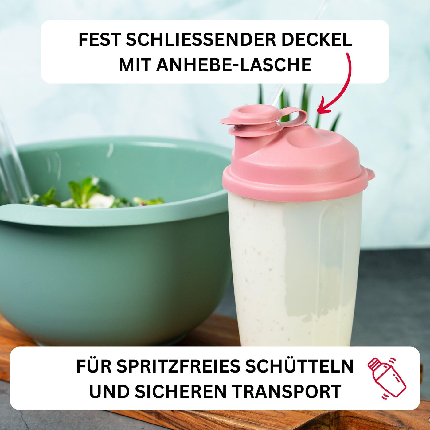 Westmark Mix- und Schüttelbecher/Dressingshaker mit Mess-Skala, herausnehmbarer Mixscheibe und verschließbarem Ausgießer, Fassungsvermögen: 0,5 l, Kunststoff, BPA-frei, Farbe: Transluzent/Rosa