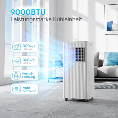 Mobiles Klimagerät, 9000 BTU Klimagerät 2,6kW, Kühlen&Ventilieren&Entfeuchten, Raumgröße bis 85m³(34㎡), Mobile Klimaanlage mit Abluftschlauch mit Nachtmodus/Sperre/Timer/Abluftschlauch