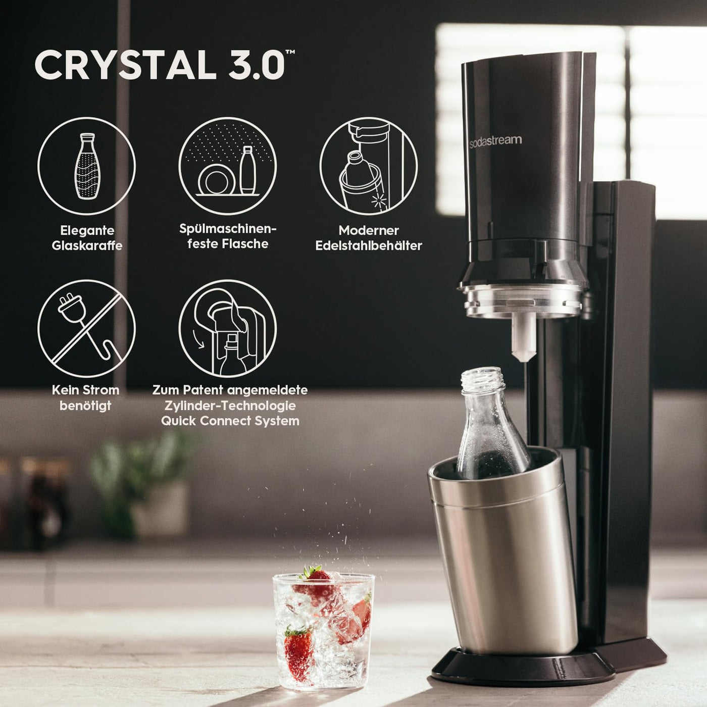 SodaStream Wassersprudler Crystal 3.0 Quick-Connect CO2-Zylinder und 1x Glaskaraffen, Silber, Schwarz/Titan, 45 cm