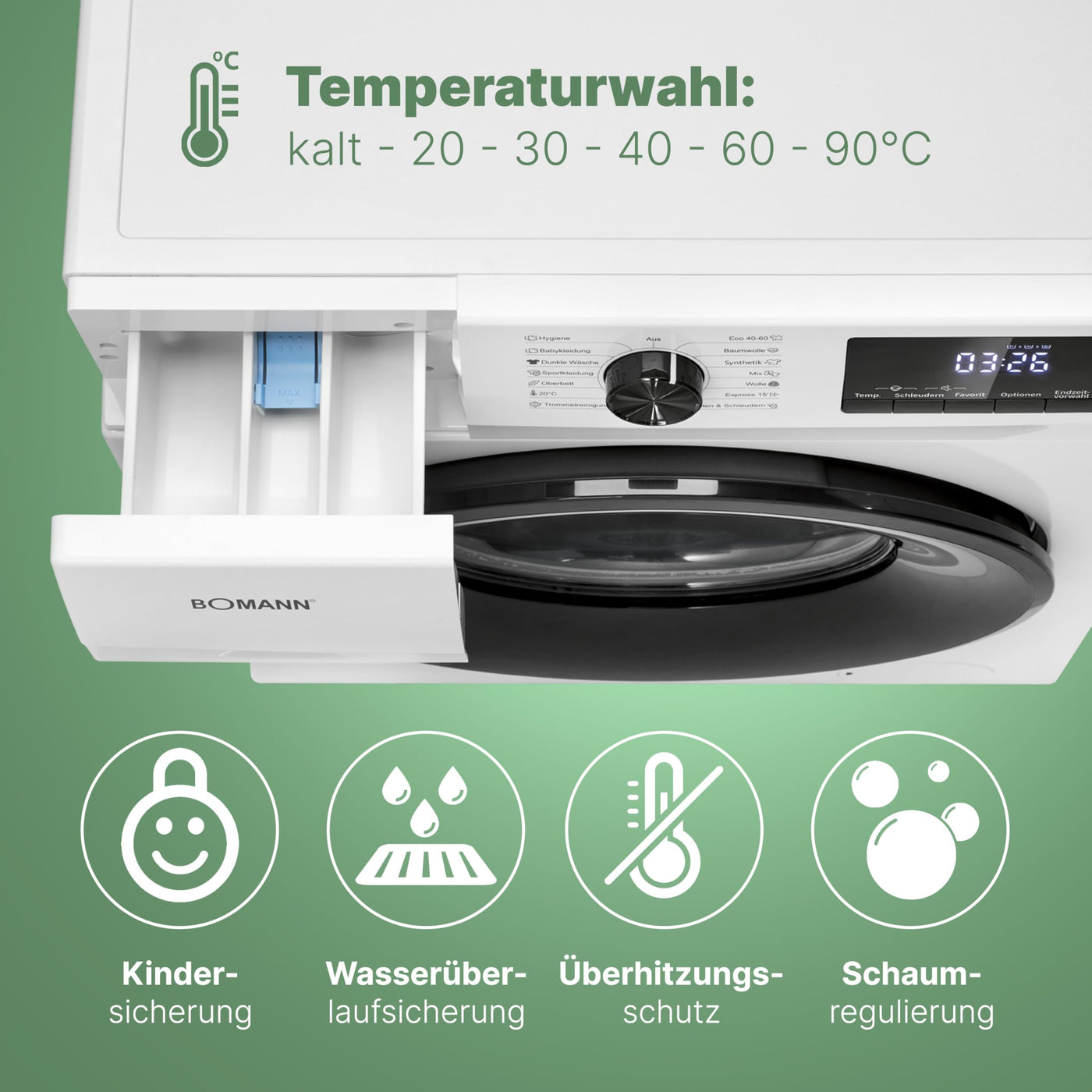 Bomann® Waschmaschine 7kg | 10 Jahre Motor-Garantie | effizienter Invertermotor | 1400 U/min | inkl. Aqua-Stop | bis 90°C | 15 Programme | Bomann Waschmaschine | Washing Machine | WA 7500 weiß