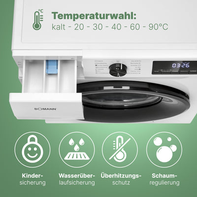 Bomann® Waschmaschine 7kg | 10 Jahre Motor-Garantie | effizienter Invertermotor | 1400 U/min | inkl. Aqua-Stop | bis 90°C | 15 Programme | Bomann Waschmaschine | Washing Machine | WA 7500 weiß