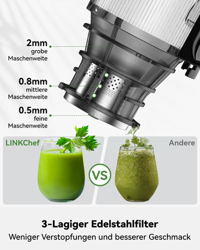 LINKChef Entsafter Slow Juicer, 130MM Öffnung und 1,8L Entsafter für Ganze Gemüse und Obst, Juicer Machine Testsieger mit Umkehrfunktion, Einfache Installation, Leicht zu Reinigen, 100% BPA Frei, 250W