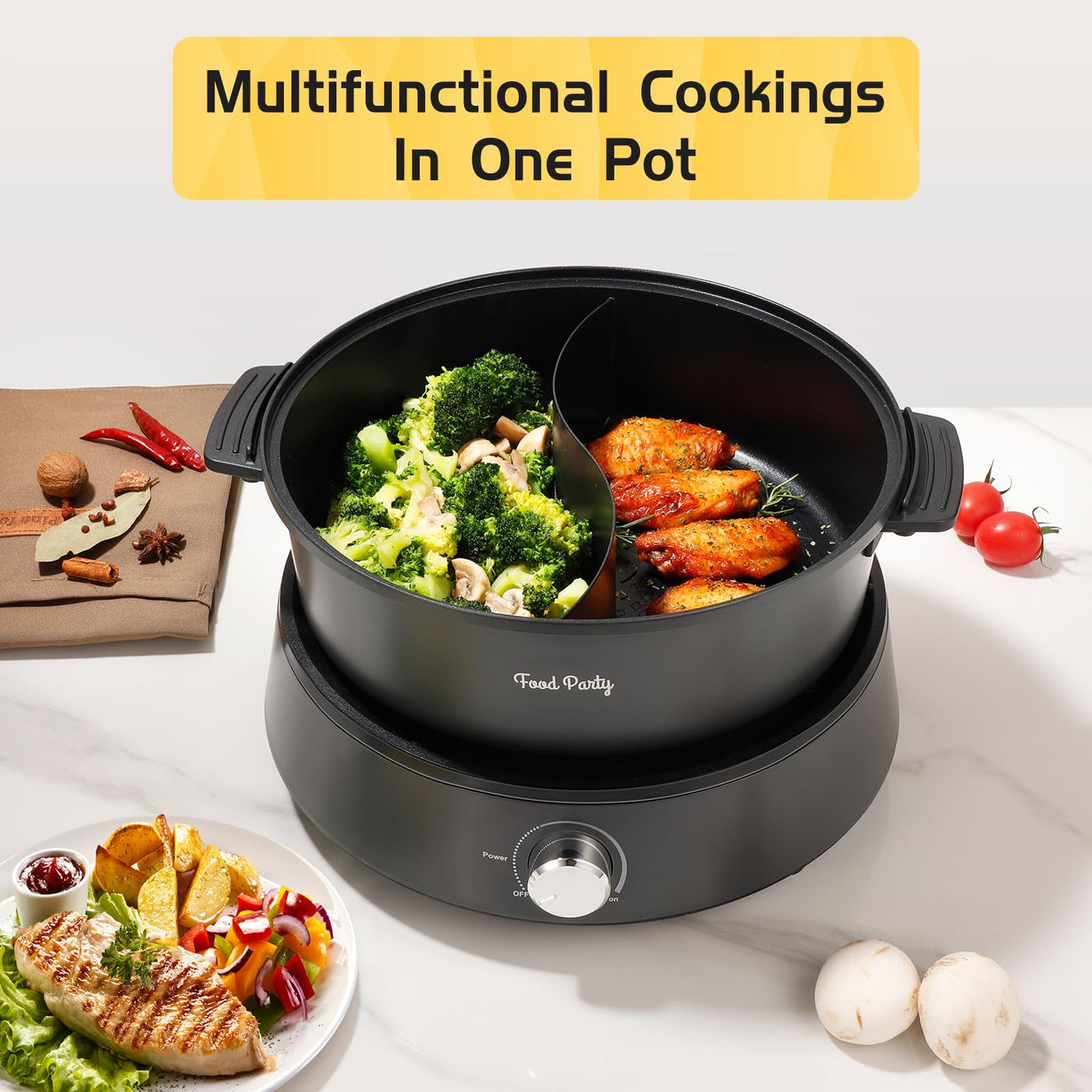 Food Party Hot Pot Elektrisch 4L Aktualisiert Hotpot Topf Doppelseitig Trennbarer Kochtopf 220V 1350W Electric Hot Pot Fondue für 6 Personen (Hot Pot mit Trennwand)