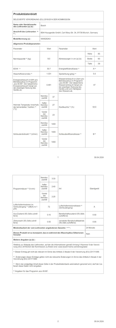 Bosch WAN282K3, Serie 4, Frontlader Waschmaschine, 8 kg, 1400 UpM, SpeedPerfect, Maximale Energie- und Wasserersparnis, Nachlegefunktion, besonders hygienisch, AquaStop, IronAssist