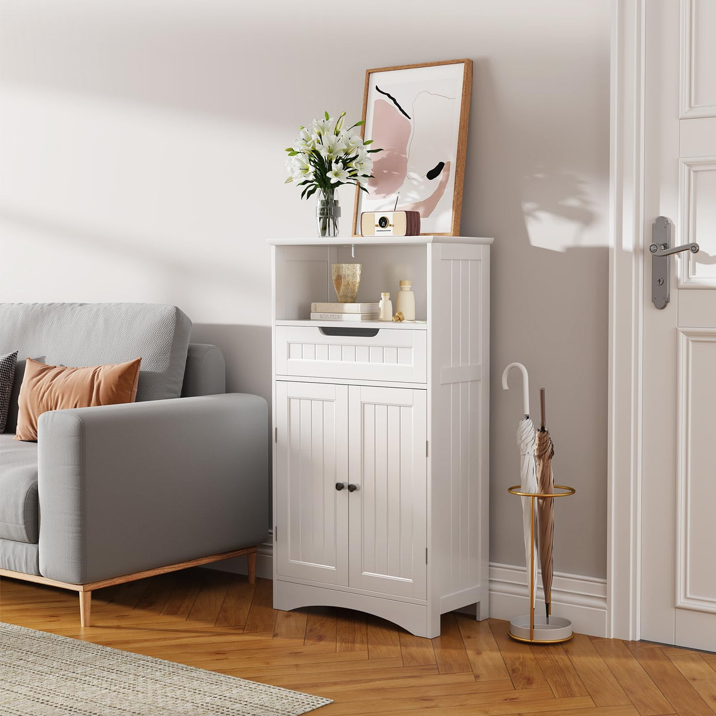 Bealife Badezimmerschrank, Badezimmer-Aufbewahrungsschränke mit großer Schublade, 2 Türen mit verstellbaren Regalen für Badezimmer, Wohnzimmer, Schlafzimmer, 108 x 60 x 30 cm, Weiß