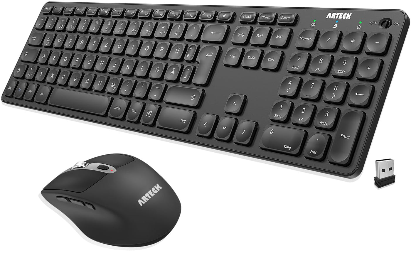 Arteck 2.4G Kabellose Tastatur und Maus kombination Ultra dünne Full Size Tastatur Tastatur und ergonomische Maus für Desktop-PC und Laptop mit Windows 11/10/8/7 Eingebauter Akku mit USB-C Ladestecker