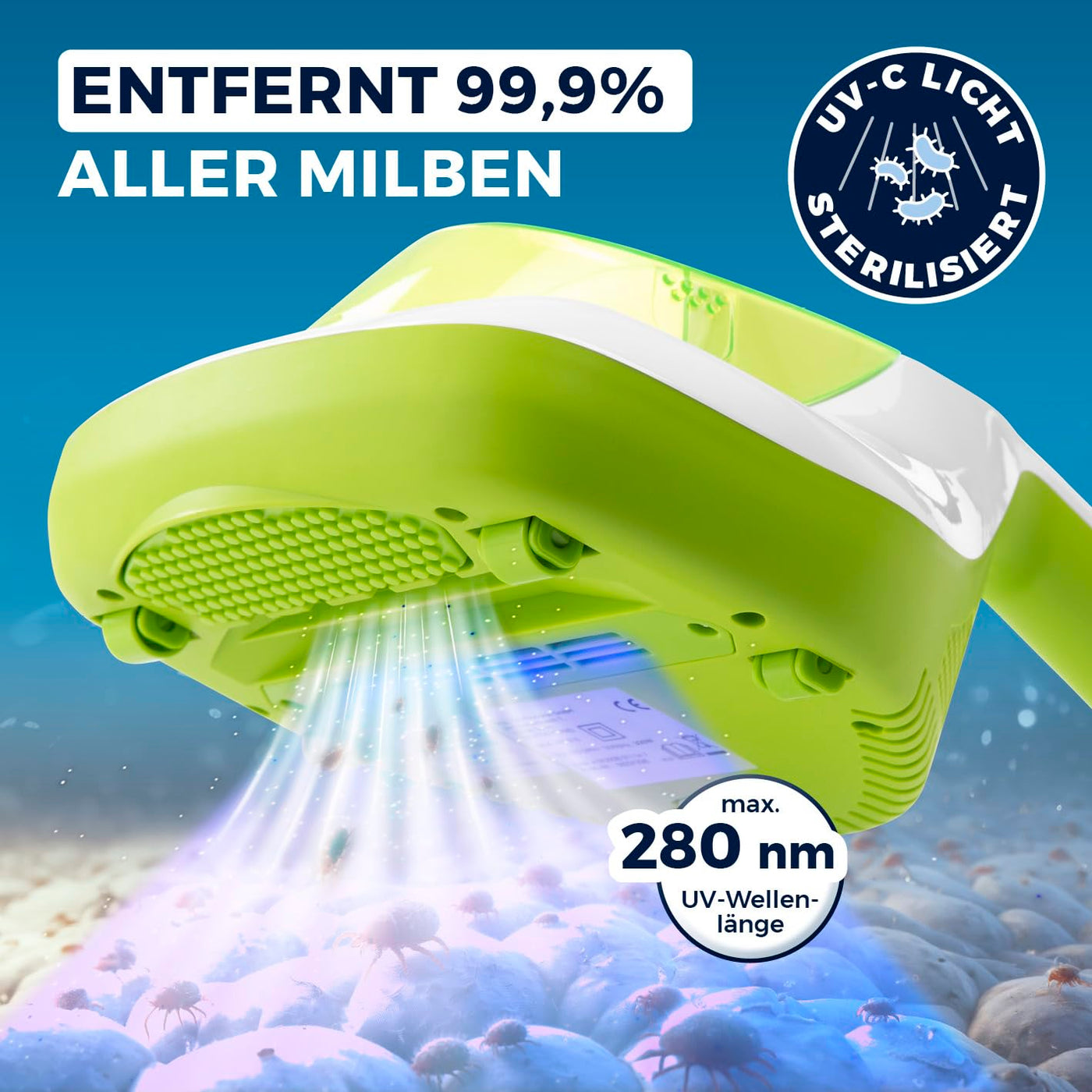 CLEANmaxx Anti-Milben-Handstaubsauger | Matratzenreiniger mit UV-C Licht | Vernichtet 99,9% Aller Milben | Inkl. HEPA Filter und 250ml Staubbehälter | Ideal für Allergiker [Limegreen]