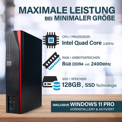 Fujitѕu - Schneller Mini PC mit Intel Quad Core - Silent Desktop Computer + Multimedia Rechner bis zu 2,8 GHZ - 8GB DDR4 RAM - 128GB SSD - inkl Win 11 Pro + Grееd Mousepad