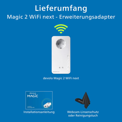 devolo Magic 2 WiFi next Erweiterungsadapter, WLAN Powerline Adapter, bis zu 2.400 Mbit/s, Mesh WLAN, 2x Gigabit LAN Anschluss, dLAN 2.0, weiß